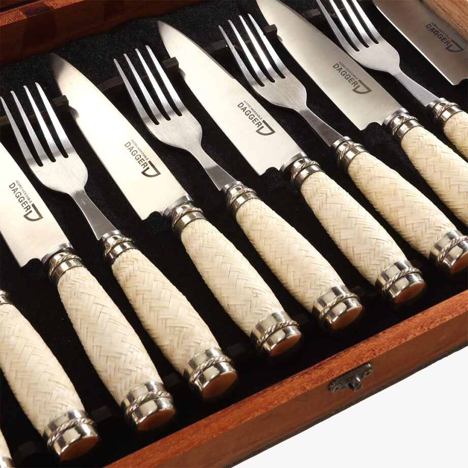 Set juego de 6 cuchillo & Tenedor c/ hoja acero inox.  de 14cm cabo trenzado (ver opciones) y dijes de Alpaca.