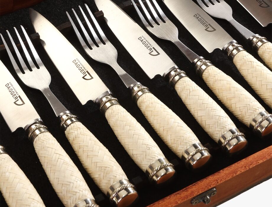 Set juego de 6 cuchillo & Tenedor c/ hoja acero inox.  de 14cm cabo trenzado (ver opciones) y dijes de Alpaca.