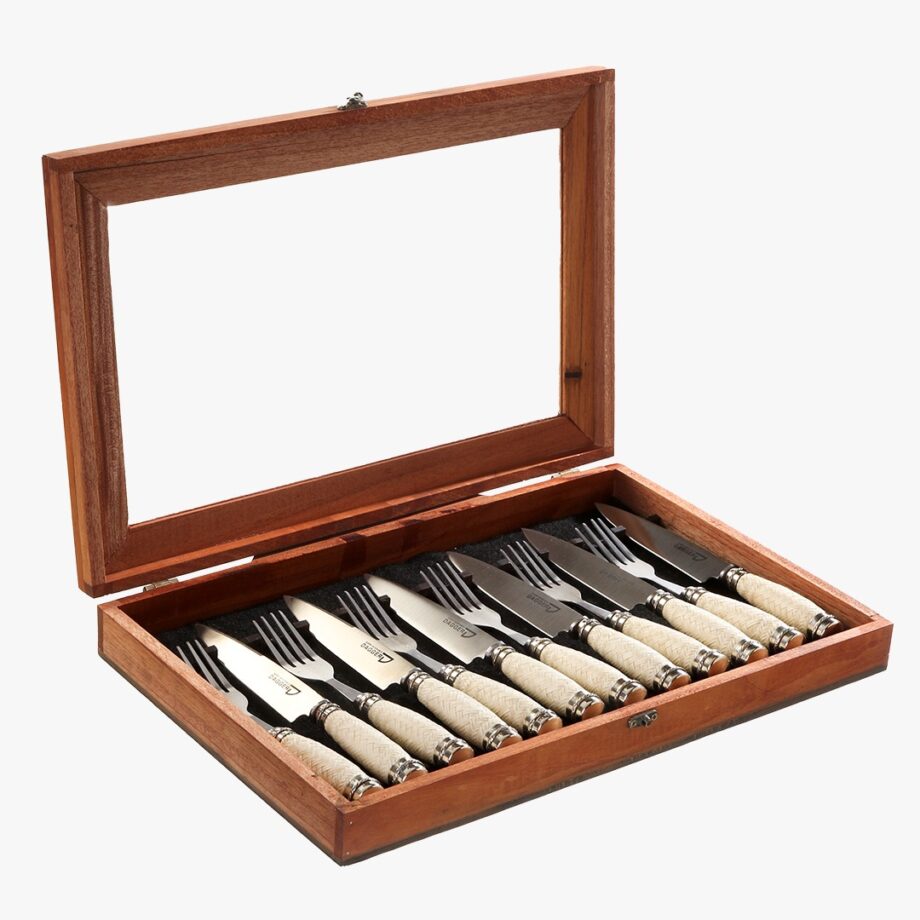 Set juego de 6 cuchillo & Tenedor c/ hoja acero inox.  de 14cm cabo trenzado (ver opciones) y dijes de Alpaca.
