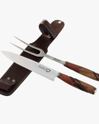 Juego Cuchillo & Tenedor hoja acero inox con vaina cuero vacuno y cabo torneado madera guayubira
